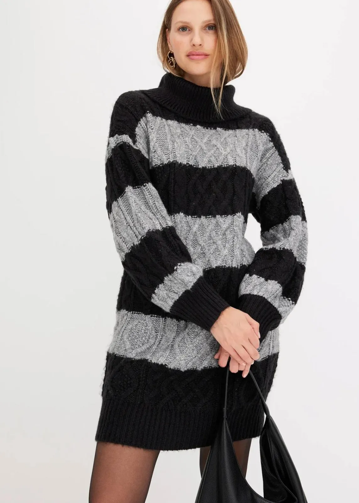 bonprix Bekleidung·Umstandsmode|Bekleidung·Pullover & Strickjacken^Gestreiftes Strickkleid schwarz/grau meliert gestreift
