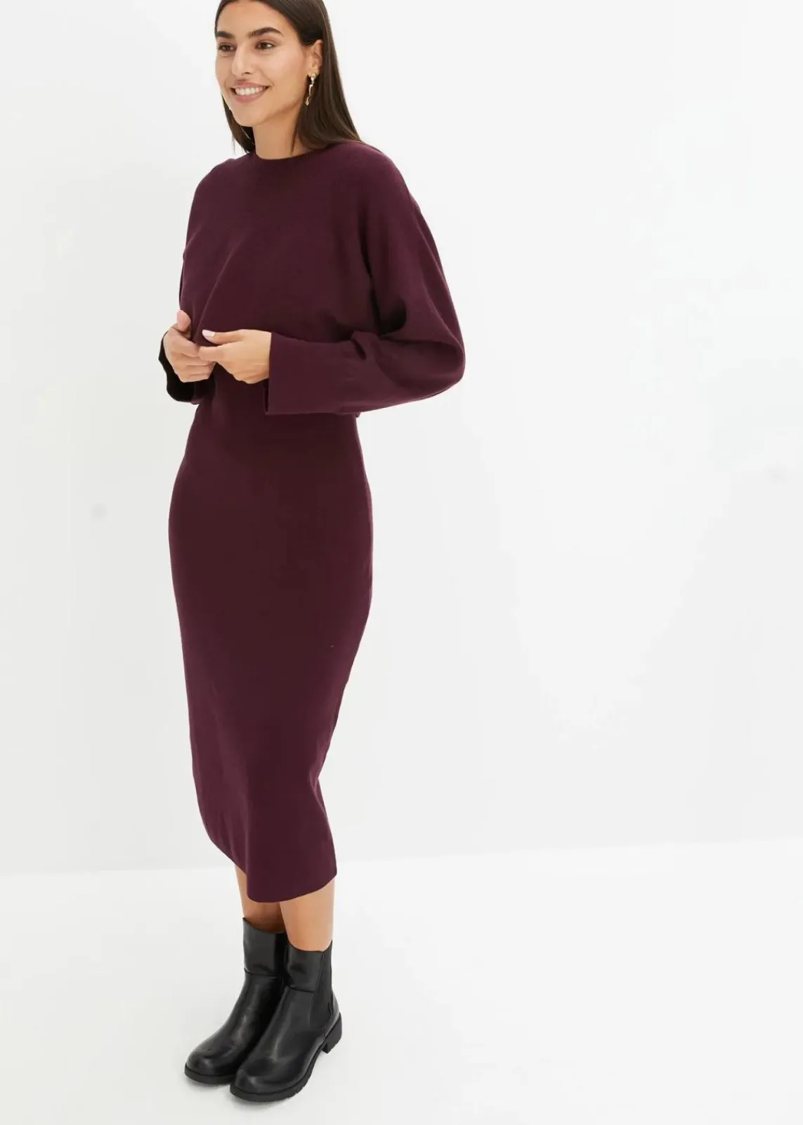 bonprix Kleider|Nachhaltigere Materialien^Gestricktes Kleiderset (2-tlg. Set) weinrot