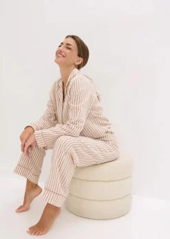 bonprix Nachtwäsche|Wäsche·Nachtwäsche^Gewebter Flanell Pyjama mit Geschenktasche schokosorbet/wollweiß gestreift