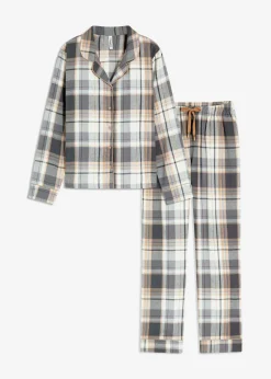 bonprix Wäsche·Nachtwäsche|Nachtwäsche^Gewebter Flanell Pyjama mit Glitzergarn und Geschenktasche naturbeige/grau kariert