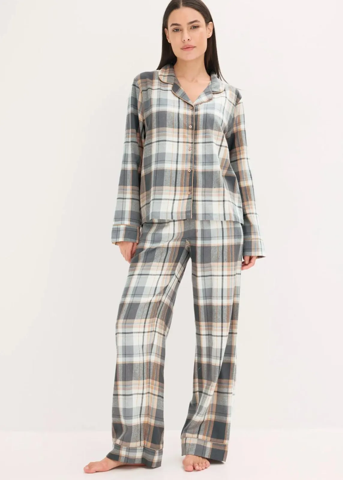 bonprix Wäsche·Nachtwäsche|Nachtwäsche^Gewebter Flanell Pyjama mit Glitzergarn und Geschenktasche naturbeige/grau kariert