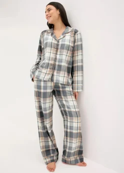 bonprix Wäsche·Nachtwäsche|Nachtwäsche^Gewebter Flanell Pyjama mit Glitzergarn und Geschenktasche naturbeige/grau kariert