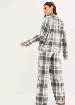 bonprix Wäsche·Nachtwäsche|Nachtwäsche^Gewebter Flanell Pyjama mit Glitzergarn und Geschenktasche naturbeige/grau kariert