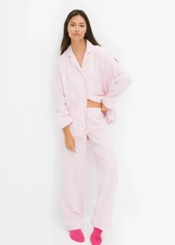 bonprix Wäsche·Nachtwäsche|Nachtwäsche^Gewebter Flanell Pyjama mit Geschenktasche rauchorchidee/hellrosa gestreift