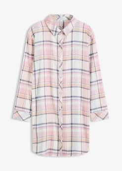 bonprix Wäsche·Nachtwäsche|Nachtwäsche^Gewebtes Nachthemd aus Flanell mit Knopfleiste puderblau/aschrosa kariert