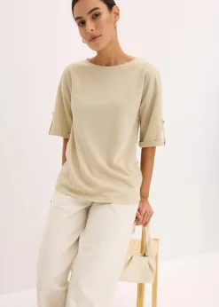bonprix Shirts & Tops^Glitzer Viskose-Shirt mit Glanzdruck hellsand/metallic silber