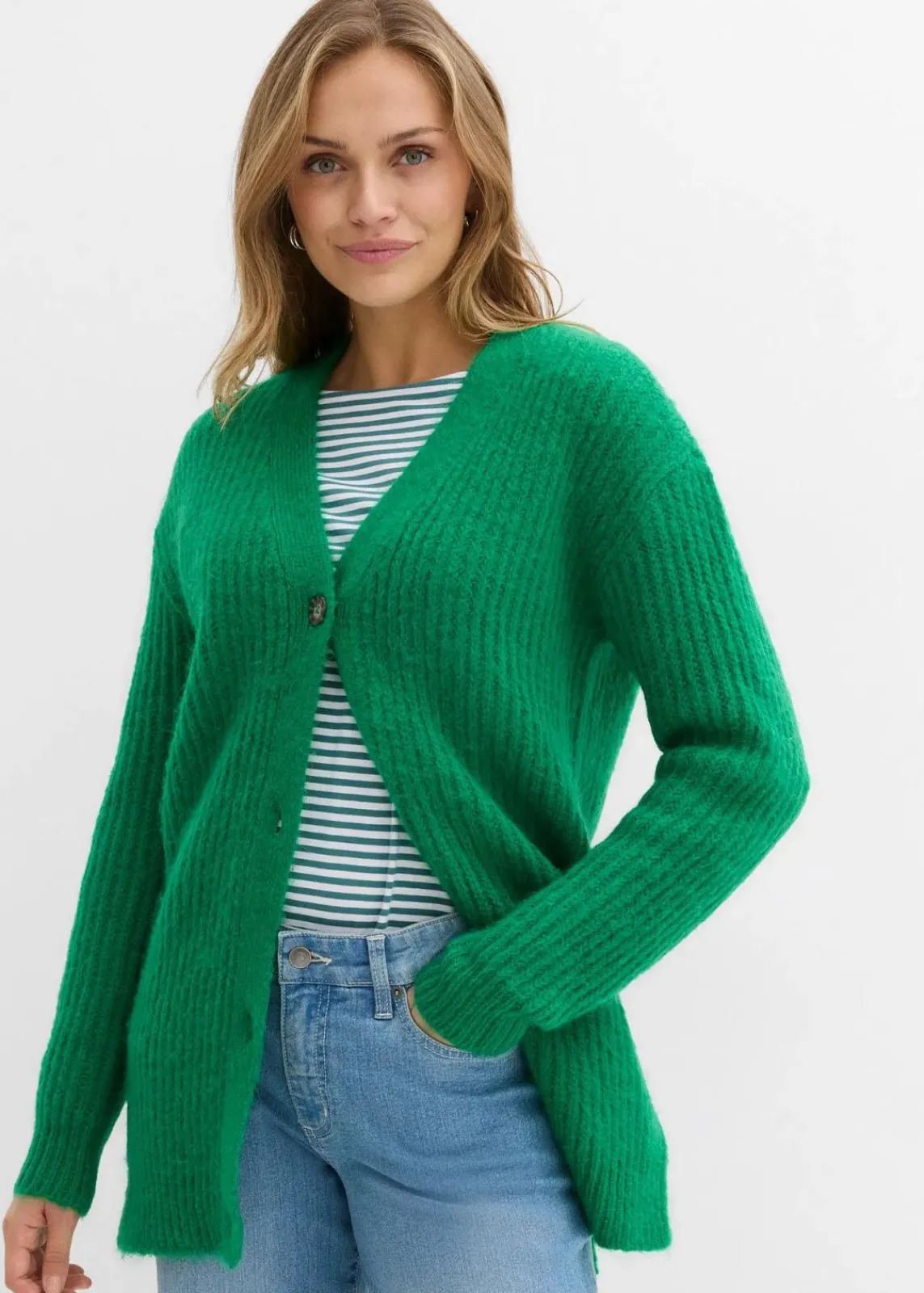 bonprix Bekleidung·Jeans|Pullover & Strickjacken^Grobstrickjacke aus weichem Wollmix edelsteingrün