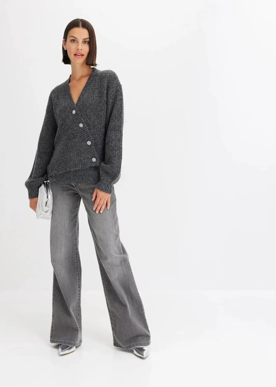 bonprix Pullover & Strickjacken|Strickmode^Grobstrickjacke aus weichem Wollmix anthrazit meliert