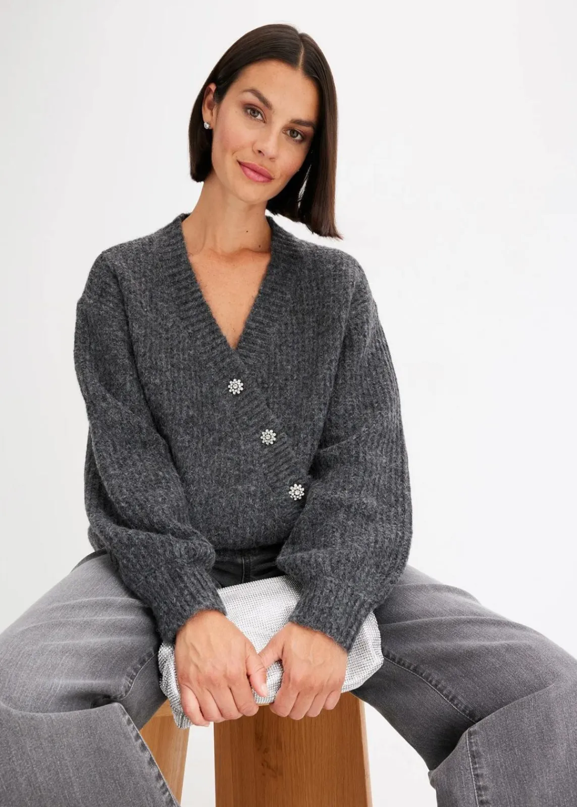bonprix Pullover & Strickjacken|Strickmode^Grobstrickjacke aus weichem Wollmix anthrazit meliert