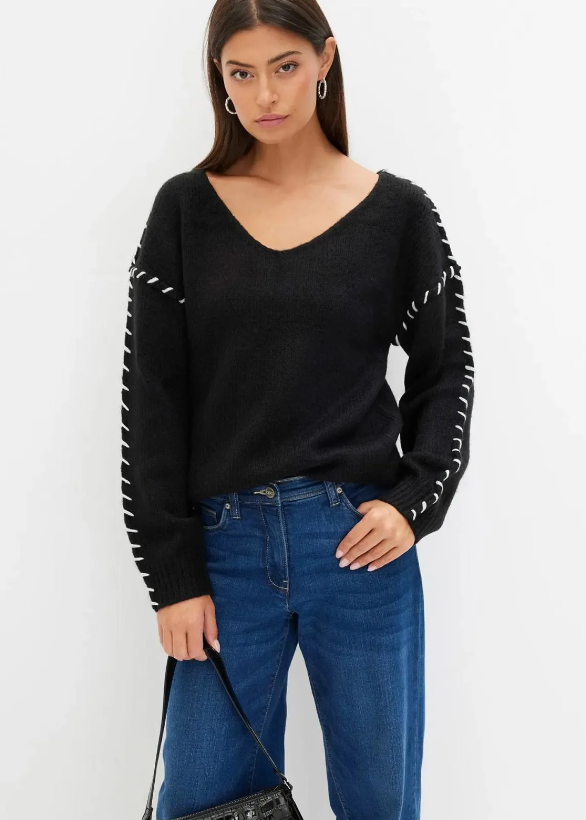 bonprix Bekleidung·Umstandsmode|Bekleidung·Jeans^Grobstrick-Pullover schwarz/cremeweiß