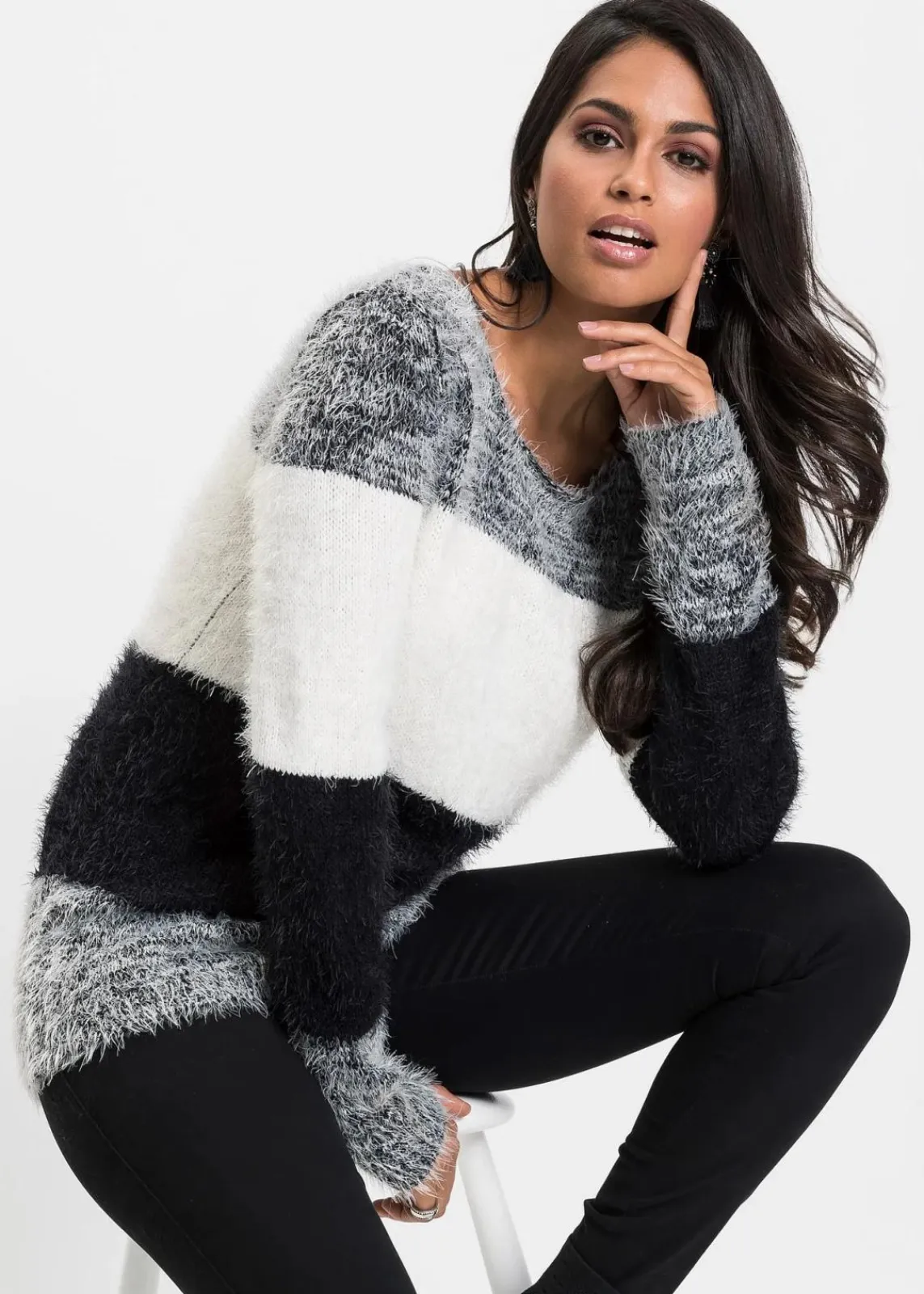 bonprix Bekleidung·Umstandsmode|Bekleidung·Jeans^Grobstrick-Pullover schwarz/weiß gestreift
