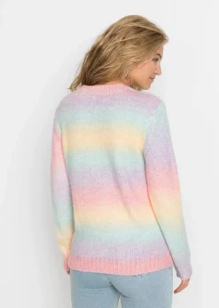 bonprix Bekleidung·Umstandsmode|Strickmode^Grobstrick-Pullover aus weichem Woll-Mix rosa/gelb/hellblau/lila gestreift