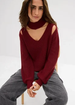 bonprix Strickmode|Pullover & Strickjacken^Grobstrick-Pullover mit Cut-Outs granatapfel