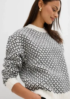 bonprix Bekleidung·Umstandsmode|Bekleidung·Jeans^Grobstrick-Pullover mit Wollanteil schwarz/wollweiß graphisch