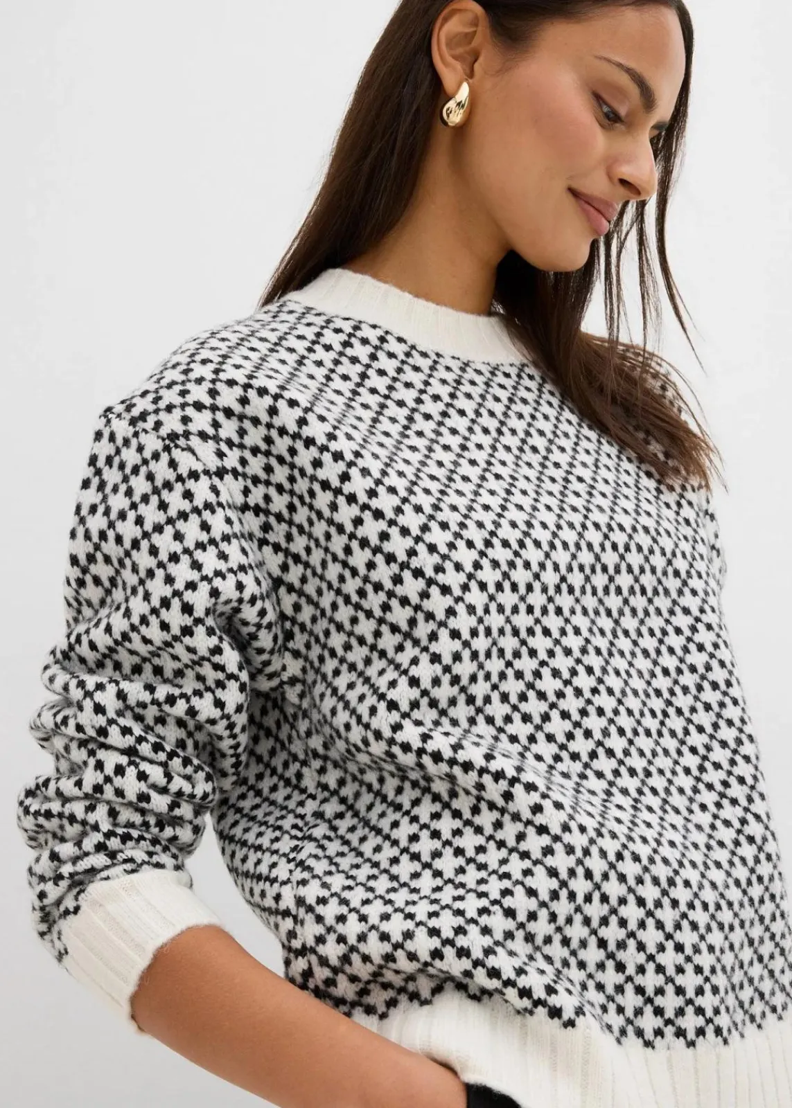 bonprix Bekleidung·Umstandsmode|Bekleidung·Jeans^Grobstrick-Pullover mit Wollanteil schwarz/wollweiß graphisch