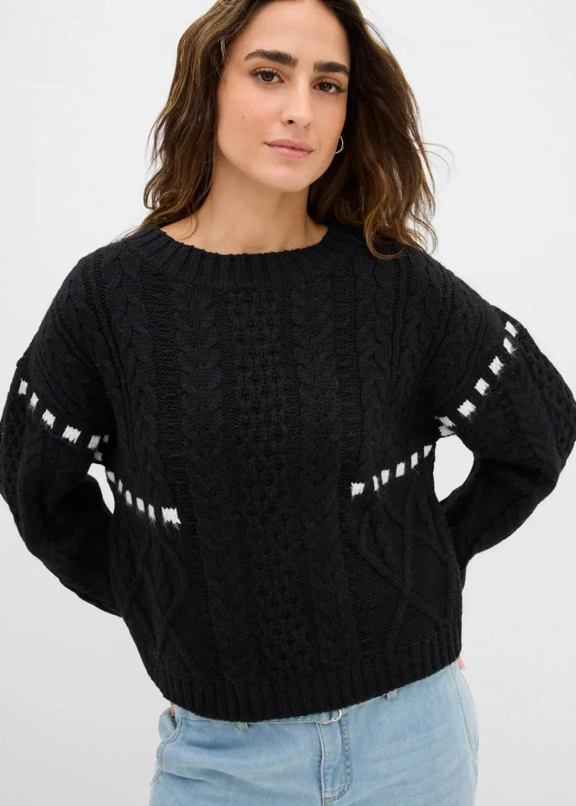 bonprix Bekleidung·Umstandsmode|Bekleidung·Jeans^Grobstrick-Pullover mit Zopfmuster schwarz