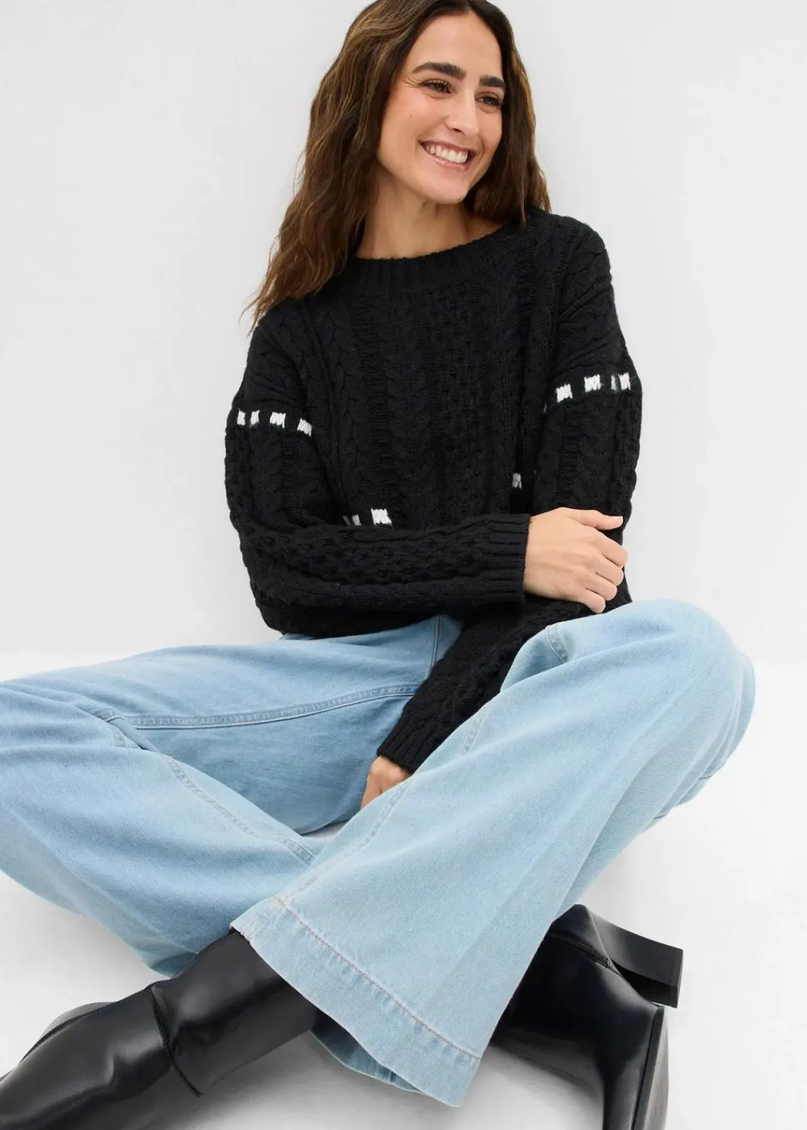 bonprix Bekleidung·Umstandsmode|Bekleidung·Jeans^Grobstrick-Pullover mit Zopfmuster schwarz
