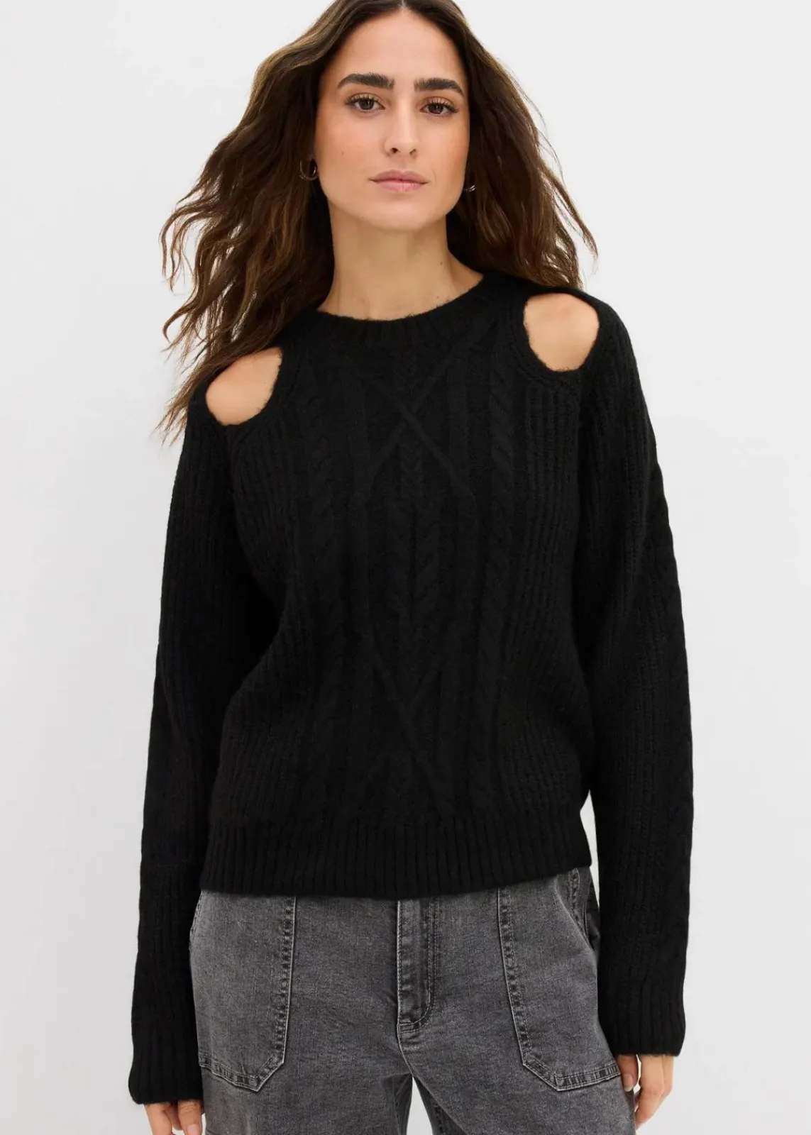 bonprix Bekleidung·Umstandsmode|Strickmode^Grobstrick-Pullover mit Zopfmuster schwarz