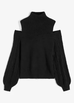 bonprix Pullover & Strickjacken|Strickmode^Grobstrick-Pullover schulterfrei schwarz