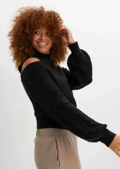 bonprix Pullover & Strickjacken|Strickmode^Grobstrick-Pullover schulterfrei schwarz