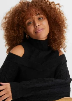 bonprix Pullover & Strickjacken|Strickmode^Grobstrick-Pullover schulterfrei schwarz