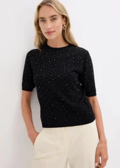 bonprix Bekleidung·Umstandsmode|Strickmode^Halbarm Feinstrickpullover mit Glitzersteinchen schwarz