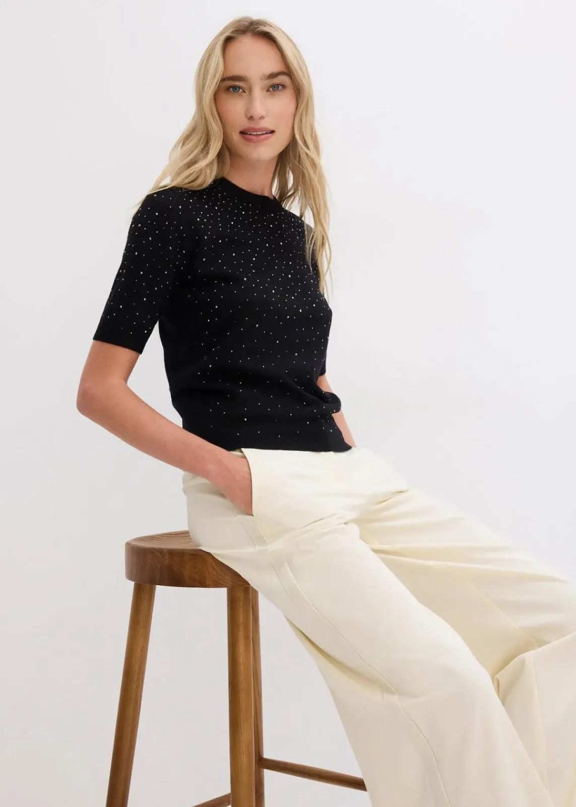 bonprix Bekleidung·Umstandsmode|Strickmode^Halbarm Feinstrickpullover mit Glitzersteinchen schwarz