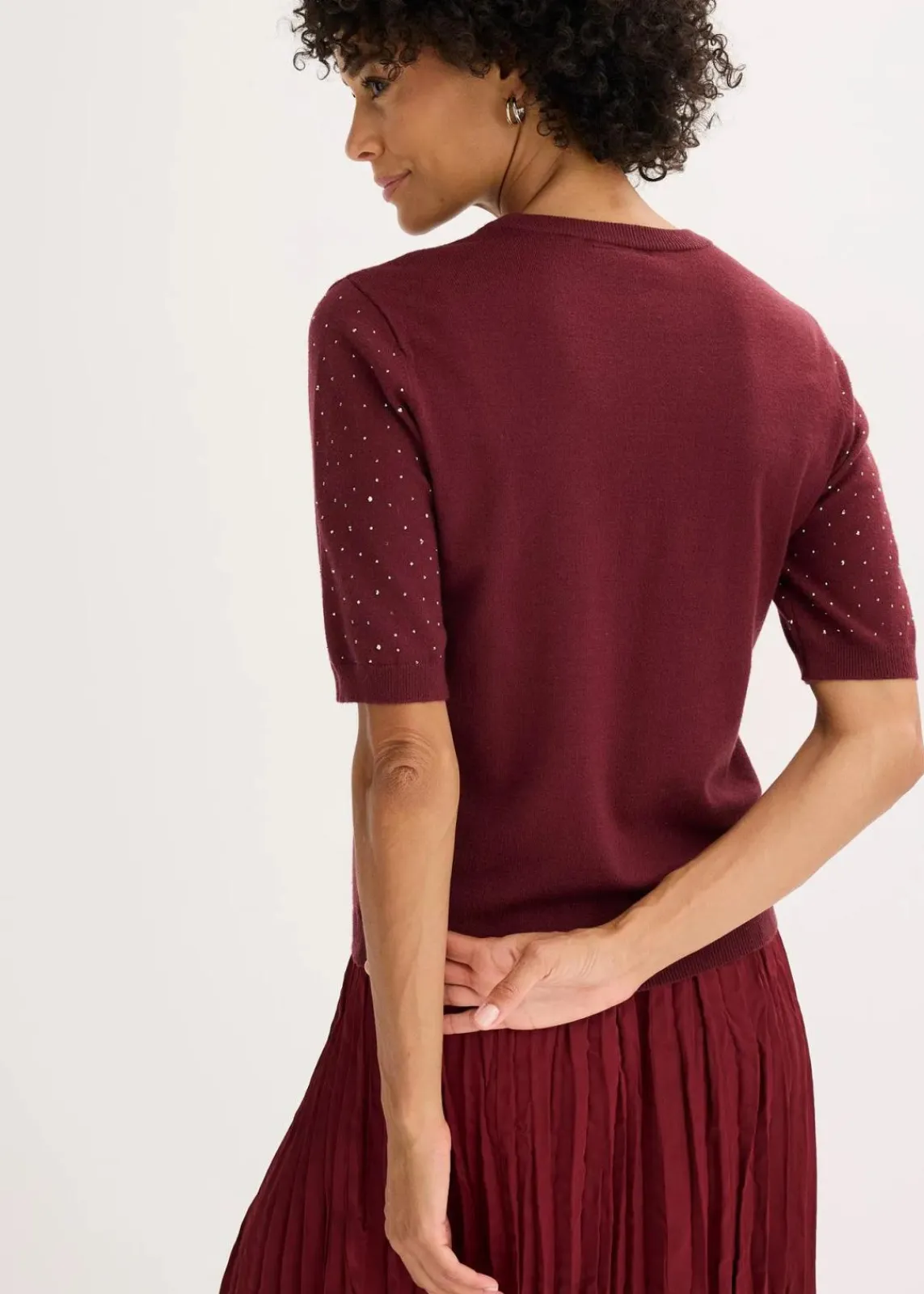 bonprix Bekleidung·Umstandsmode|Strickmode^Halbarm Feinstrickpullover mit Glitzersteinchen ahornrot