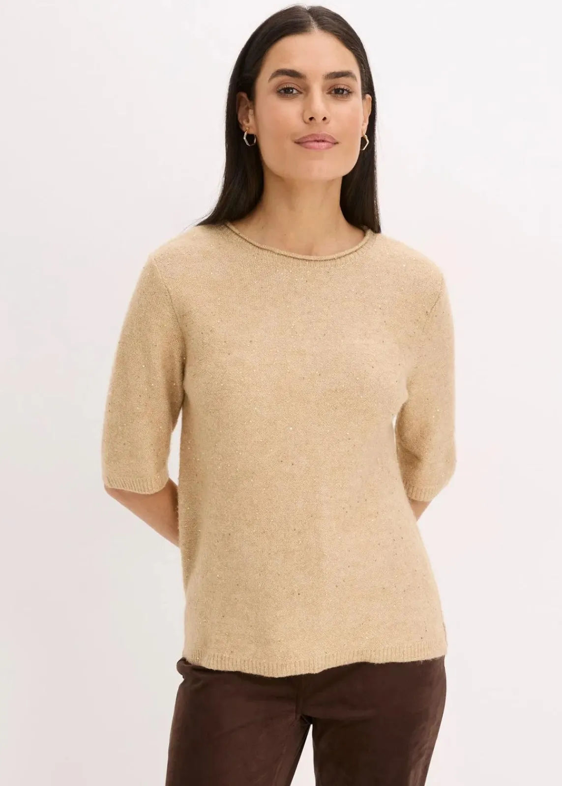 bonprix Strickmode|Pullover & Strickjacken^Halbarmpullover mit Pailletten und Glanzgarn latte macchiato/metallic gold