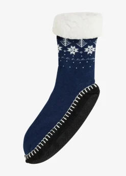 bonprix Homewear|Socken & Strumpfhosen^Haussocken mit angenähter Sohle und Teddyfutter tiefblau gemustert