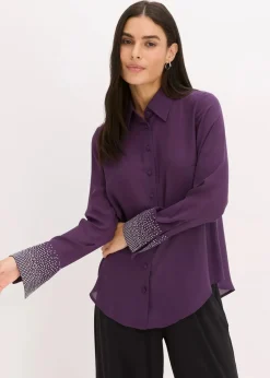bonprix Bekleidung·Jacken & Mäntel|Blusen & Tuniken^Hemdbluse mit Glitzersteinchen dunkellila