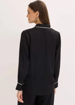 bonprix Bekleidung·Jacken & Mäntel|Blusen & Tuniken^Hemdbluse aus fließendem Satin schwarz/wollweiß