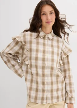 bonprix Bekleidung·Jacken & Mäntel|Blusen & Tuniken^Hemdbluse mit Volants beige/braun kariert