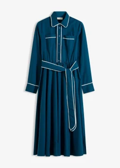 bonprix Kleider|Bekleidung·Pullover & Strickjacken^Hemdblusenkleid aus Baumwoll-Popeline mit bügelfreier Ausrüstung blaupetrol/wollweiß