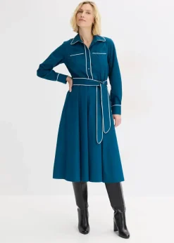 bonprix Kleider|Bekleidung·Pullover & Strickjacken^Hemdblusenkleid aus Baumwoll-Popeline mit bügelfreier Ausrüstung blaupetrol/wollweiß
