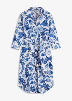 bonprix Kleider^Hemdblusenkleid aus Baumwoll-Mix weiß/gletscherblau floral