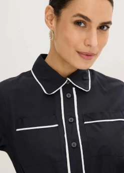 bonprix Bekleidung·Pullover & Strickjacken|Kleider^Hemdblusenkleid aus Baumwoll-Popeline mit bügelfreier Ausrüstung schwarz/wollweiß