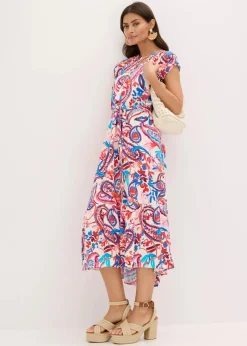 bonprix Kleider|Bekleidung·Pullover & Strickjacken^Hemdblusenkleid aus fließender Viscose wollweiß/mango/erdbeere/rosa/gletscherblau floral