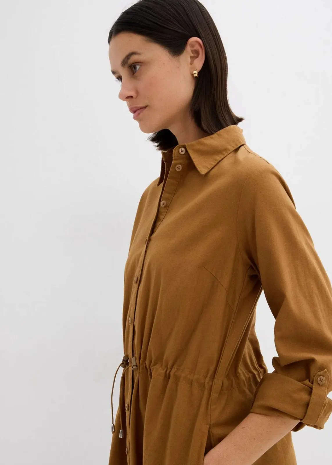 bonprix Kleider|Bekleidung·Pullover & Strickjacken^Hemdblusenkleid aus Leinen-Baumwoll-Mix cognac braun