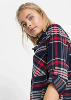 bonprix Bekleidung·Pullover & Strickjacken|Kleider^Hemdblusenkleid aus reiner Baumwolle dunkelblau/rot/weiß kariert