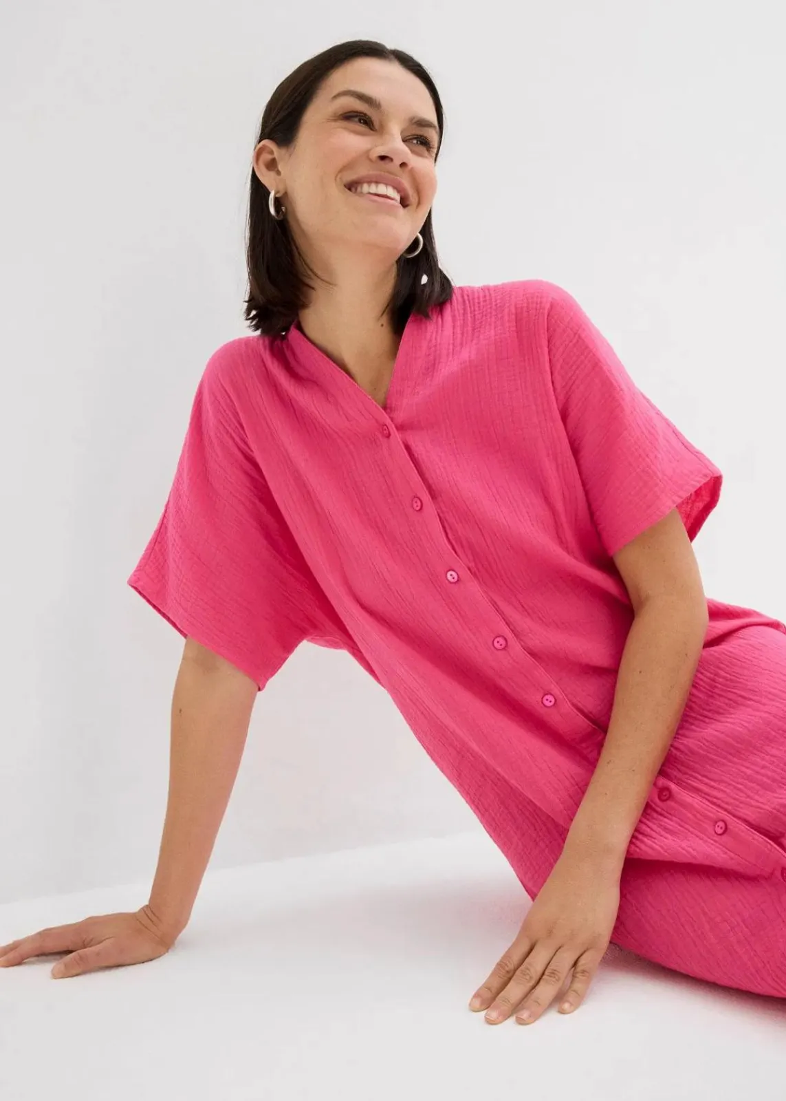 bonprix Kleider|Bekleidung·Pullover & Strickjacken^Hemdblusenkleid aus reiner Baumwolle dunkelpink