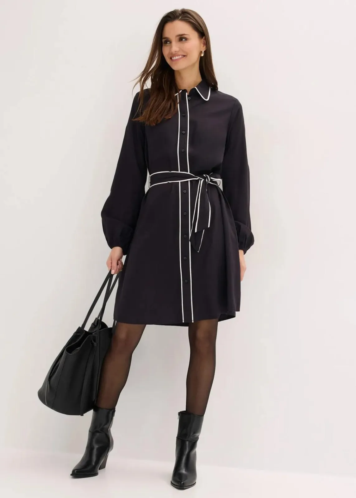 bonprix Bekleidung·Pullover & Strickjacken|Kleider^Hemdblusenkleid aus reiner Viskose schwarz/wollweiß