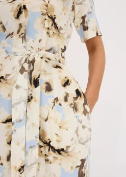 bonprix Bekleidung·Pullover & Strickjacken|Kleider^Hemdblusenkleid aus Viskose mit Bindeband (2.-tlg.) puderblau/naturbeige floral