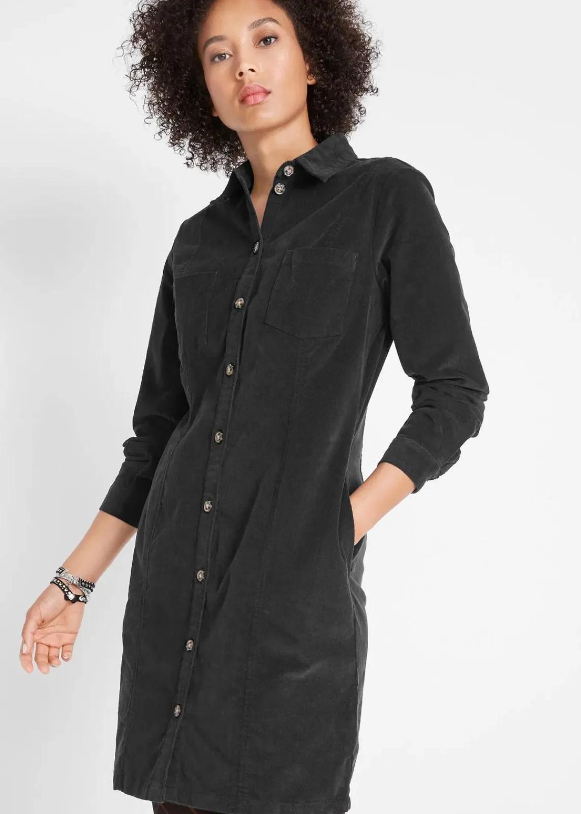 bonprix Bekleidung·Pullover & Strickjacken|Kleider^Hemdblusenkleid Cord, Stretch schwarz