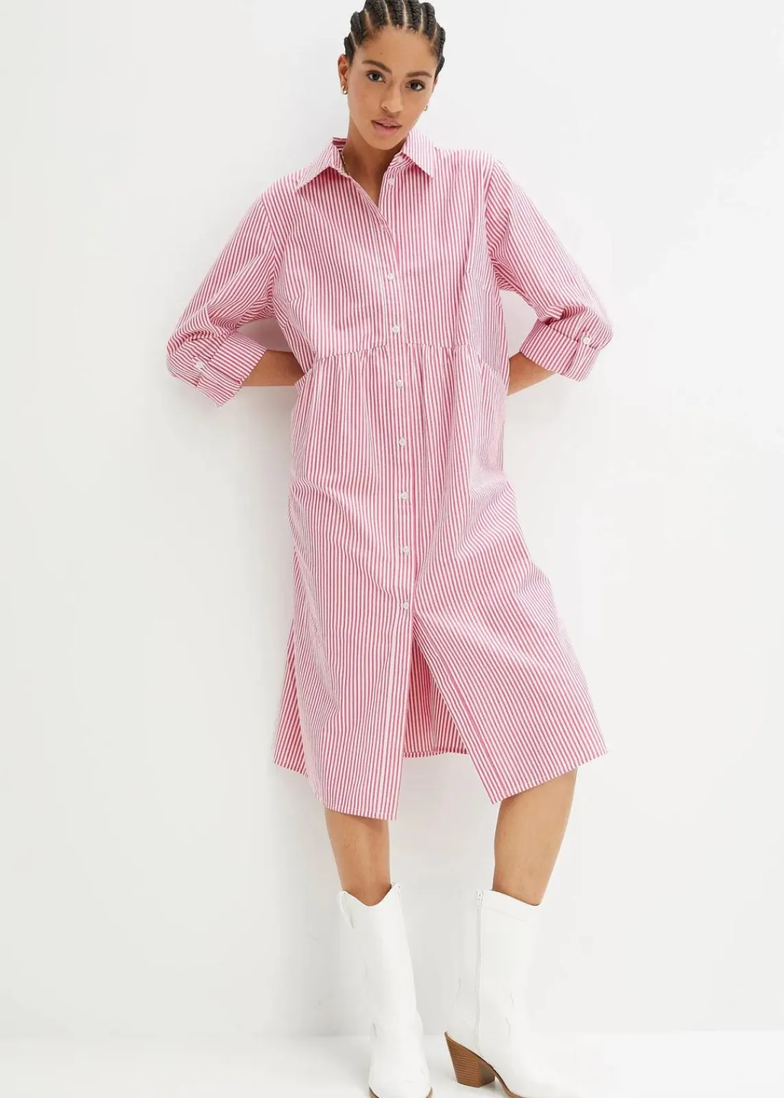 bonprix Bekleidung·Pullover & Strickjacken|Kleider^Hemdblusenkleid gestreift pinklady/weiß gestreift