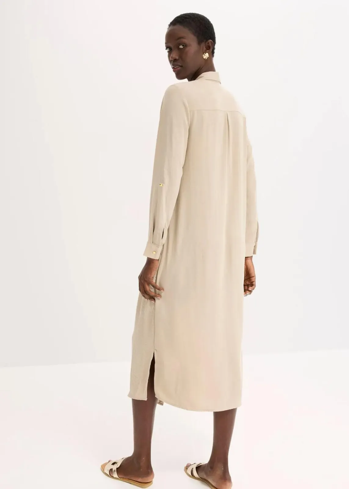 bonprix Bekleidung·Pullover & Strickjacken|Kleider^Hemdblusenkleid mit Leiterspitze sand