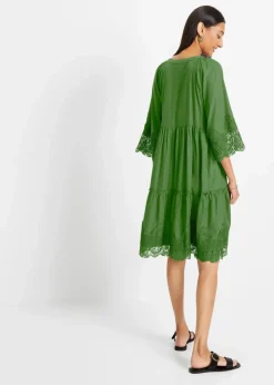 bonprix Kleider|Bekleidung·Pullover & Strickjacken^Hemdblusenkleid mit Spitze forstgrün