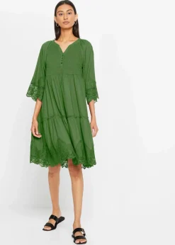 bonprix Kleider|Bekleidung·Pullover & Strickjacken^Hemdblusenkleid mit Spitze forstgrün