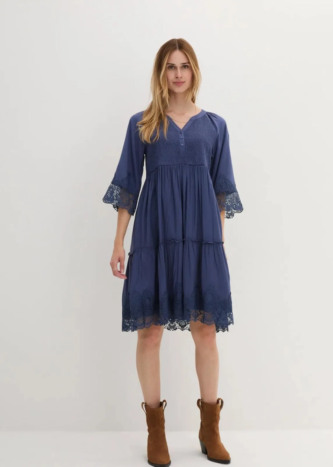 bonprix Bekleidung·Pullover & Strickjacken|Kleider^Hemdblusenkleid mit Spitze indigo