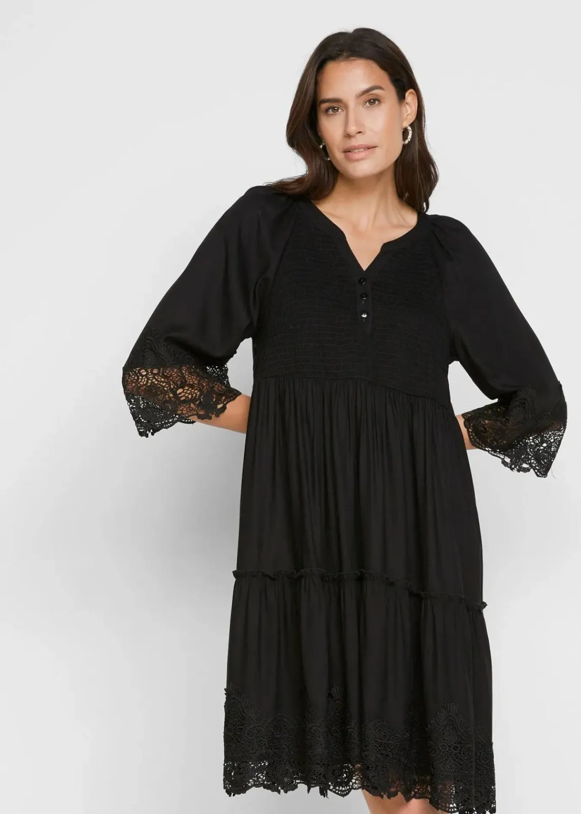 bonprix Kleider|Bekleidung·Pullover & Strickjacken^Hemdblusenkleid mit Spitze schwarz